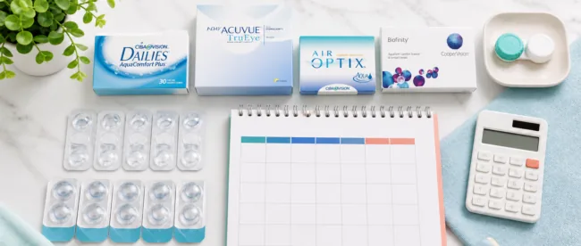 Real 30-, 90-, 3-, and 6-pack contact lens boxes beside a calendar and calculator