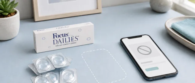 Focus Dailies contact lens box beside an unavailable product screen