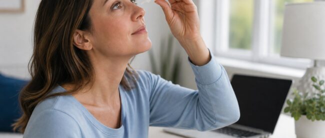 Contact lens wearer applying eye drops during a screen break